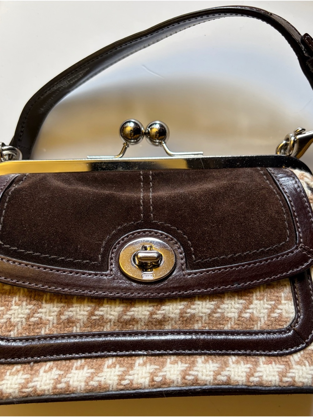 Coach Brown Suede & Houndstooth Shoulder Bag with Silver Hardware - Picture 2 of 11